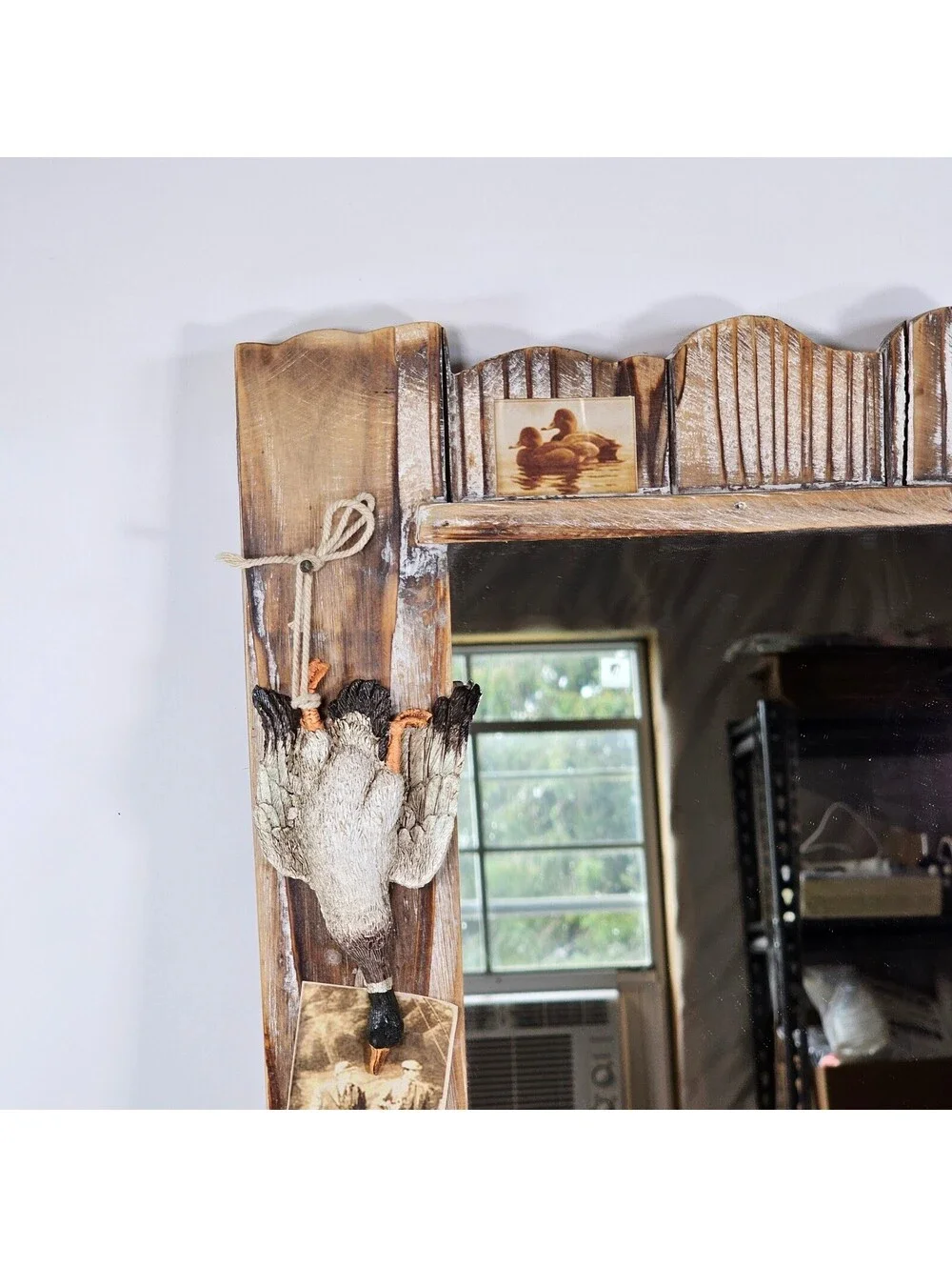 Rustic Hunting Fishing Wall Mirror Lodge Cabin Decor with Shelf and Hooks 19in